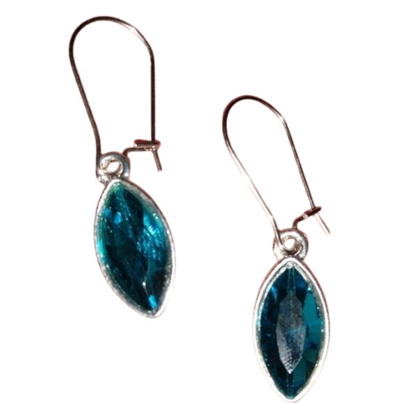Marquis Sparkle Earrings Teal Blue Rhinestone Dangle Minimalist Steel Ear Wires - Picture 1 of 9